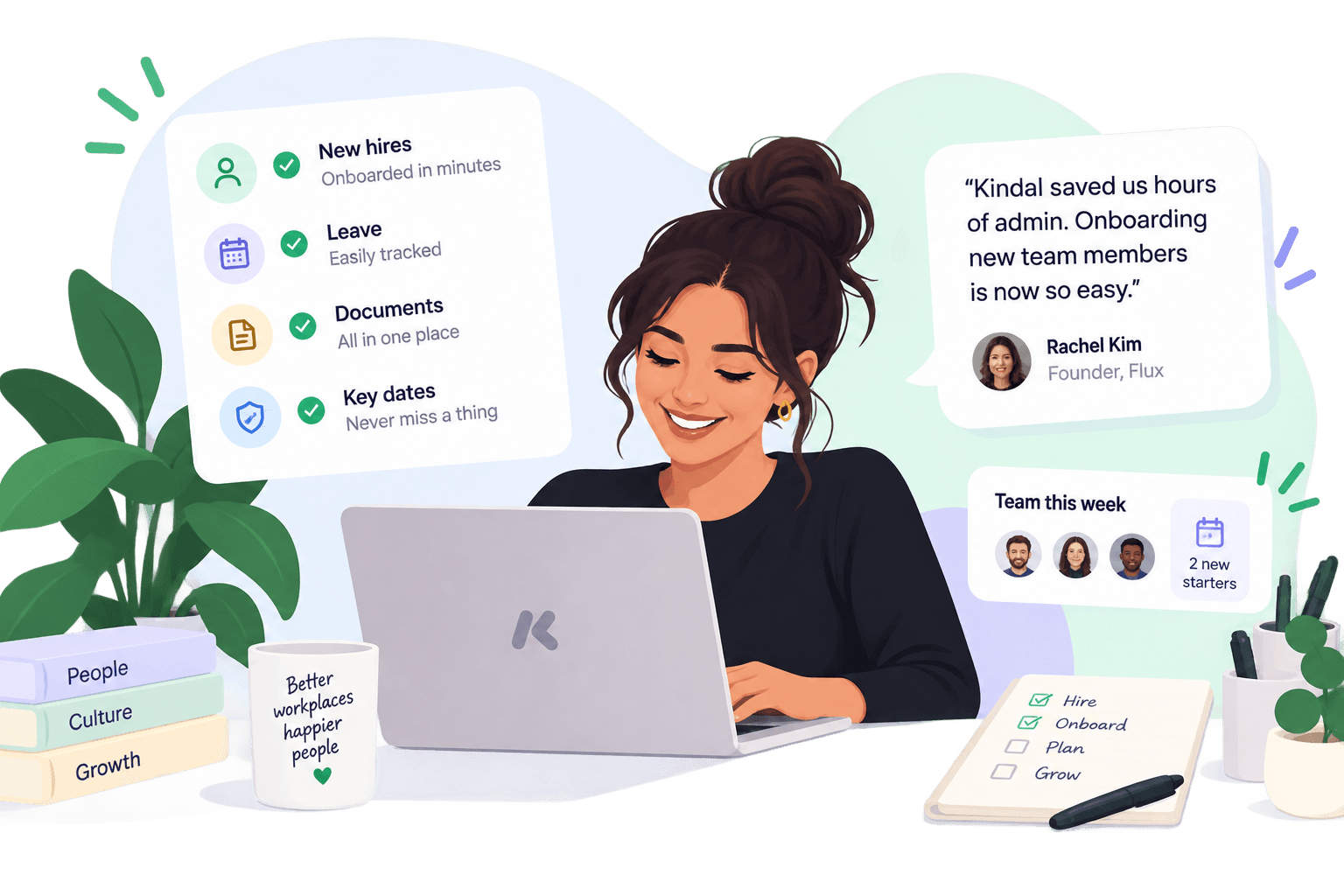 A founder managing her team's onboarding, leave and documents in Kindal